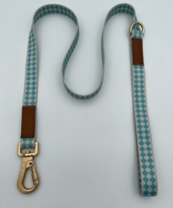 Turquoise Checker Lanyard with Gold Clip and Leather Trim for ID Cards Keys Badges | Chic Neck Strap for Office School Travel Use